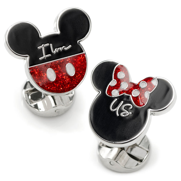 Disney Mickey and Minnie Mouse “I Love Us” Cufflinks, featuring two silver-toned heads with “I Love” on Mickey and “Us” on Minnie.