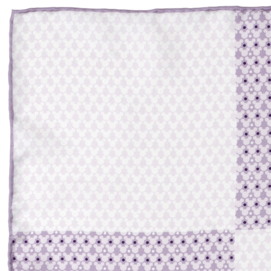 Disney Mickey Mouse Lavender 4 Square Pocket Square in lavender silk with a repeating Mickey Mouse silhouette pattern and a floral dot border.