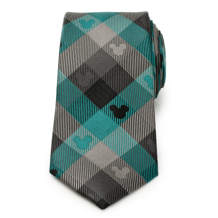Disney Mickey Mouse Silhouette Teal Plaid Men’s Tie in teal, gray, and black plaid featuring small Mickey Mouse head silhouettes.