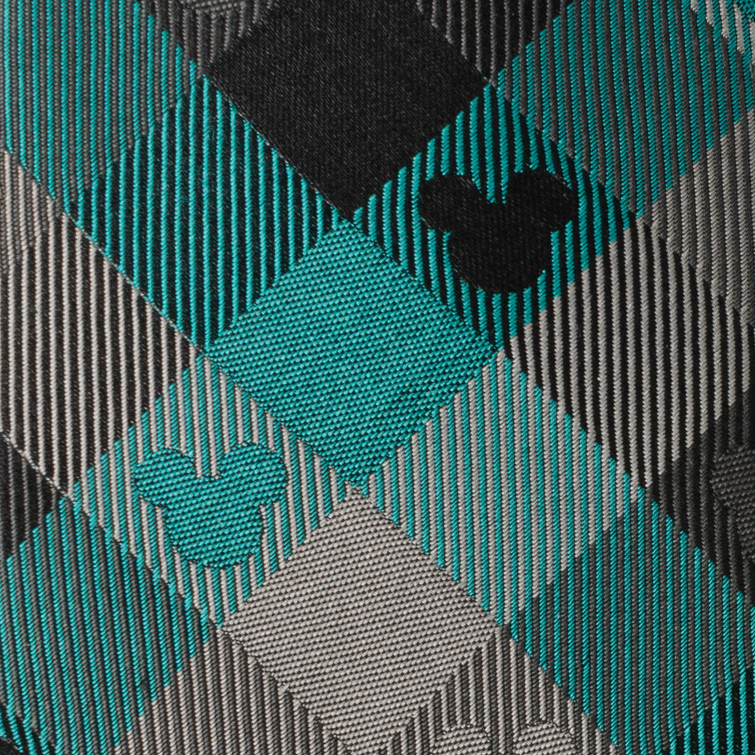 Disney Mickey Mouse Silhouette Teal Plaid Men’s Tie in teal, gray, and black plaid fabric featuring small Mickey Mouse silhouettes.