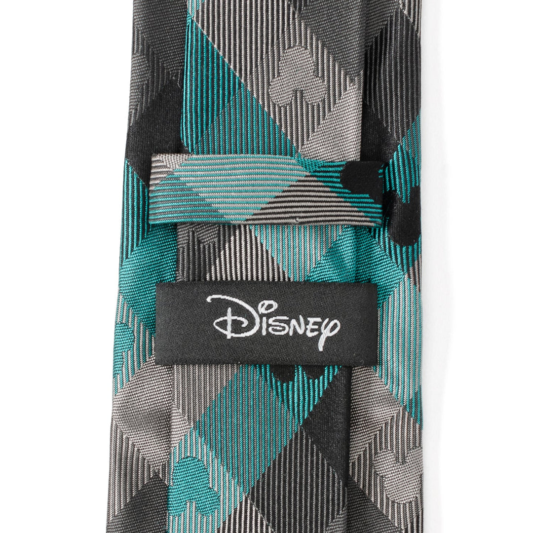 Disney Mickey Mouse Silhouette Teal Plaid Men’s Tie featuring a teal, gray, and black plaid pattern.
