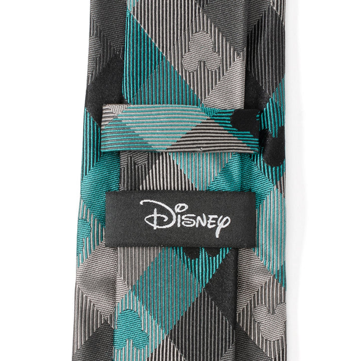Disney Mickey Mouse Silhouette Teal Plaid Men’s Tie featuring a teal, gray, and black plaid pattern.