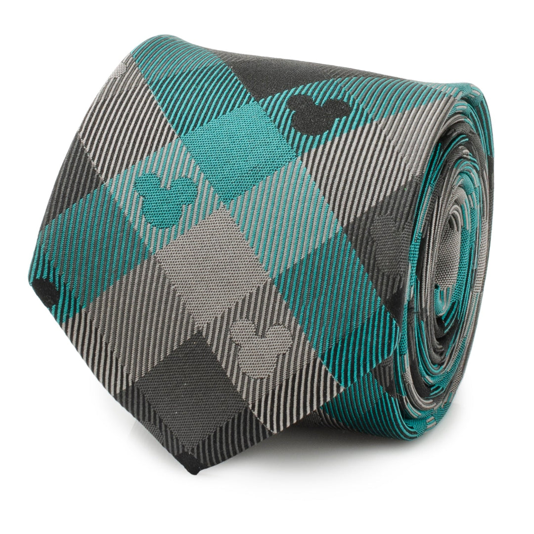 A rolled Disney Mickey Mouse Silhouette Teal Plaid Men’s Tie featuring a teal, gray, and black plaid pattern.