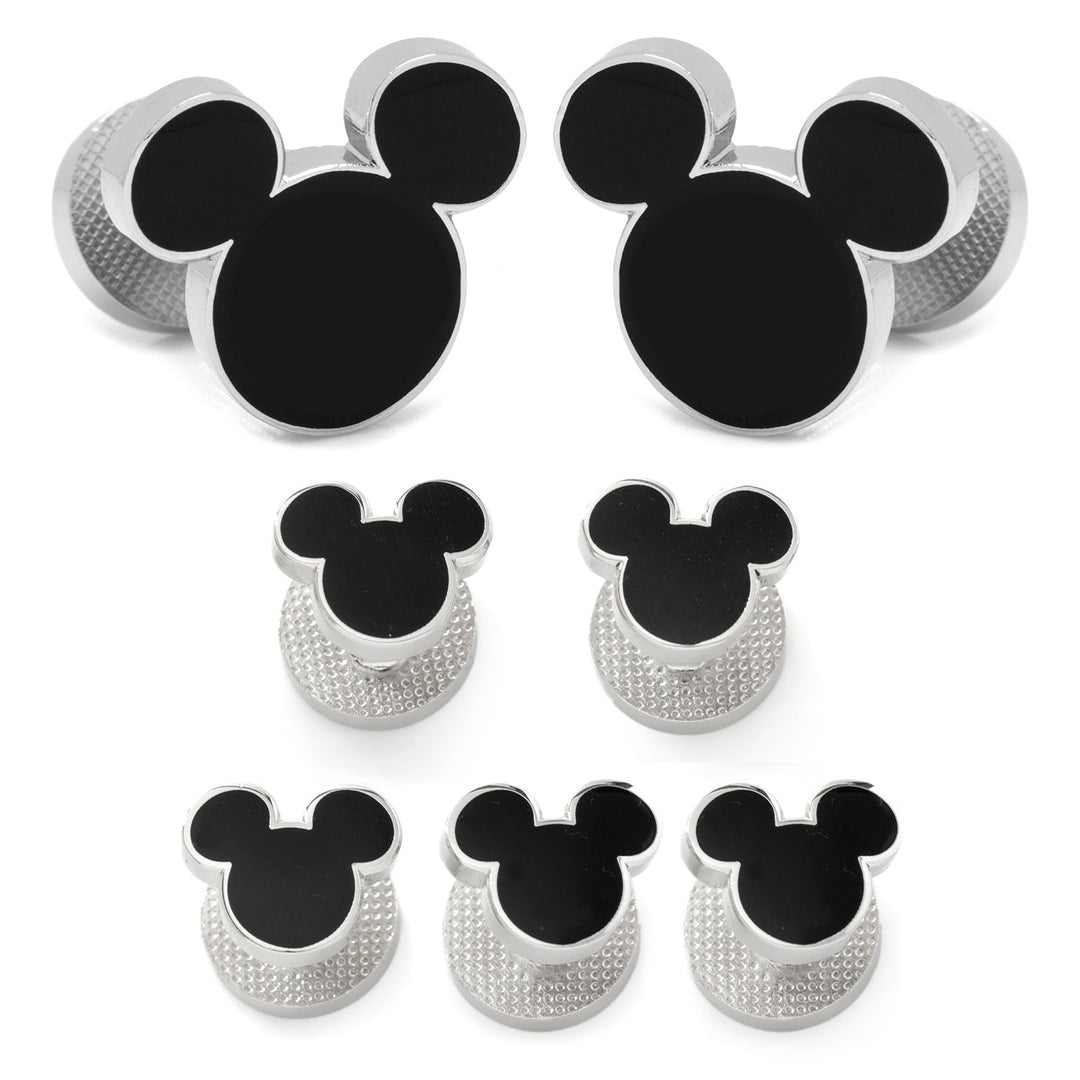 Disney Mickey Mouse Silhouette 5-Stud Set of seven silver-toned cufflinks and shirt studs featuring black silhouettes.