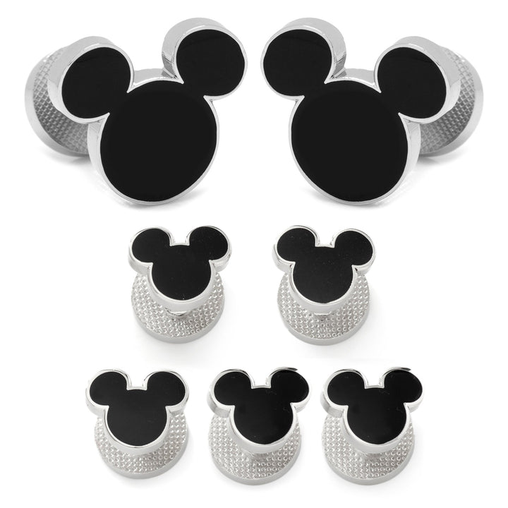 Disney Mickey Mouse Silhouette 5-Stud Set of seven silver-toned cufflinks and shirt studs featuring black silhouettes.