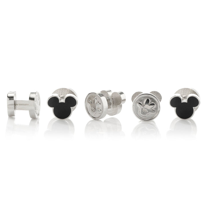 Disney Mickey Mouse Silhouette 5-Studs featuring five silver-tone metal cufflink studs, some with a black silhouette and others with an engraved glove.