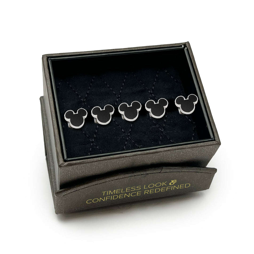 Five black-and-silver Disney Mickey Mouse Silhouette 5-Studs presented in a gift box.