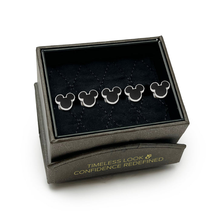 Five black-and-silver Disney Mickey Mouse Silhouette 5-Studs presented in a gift box.