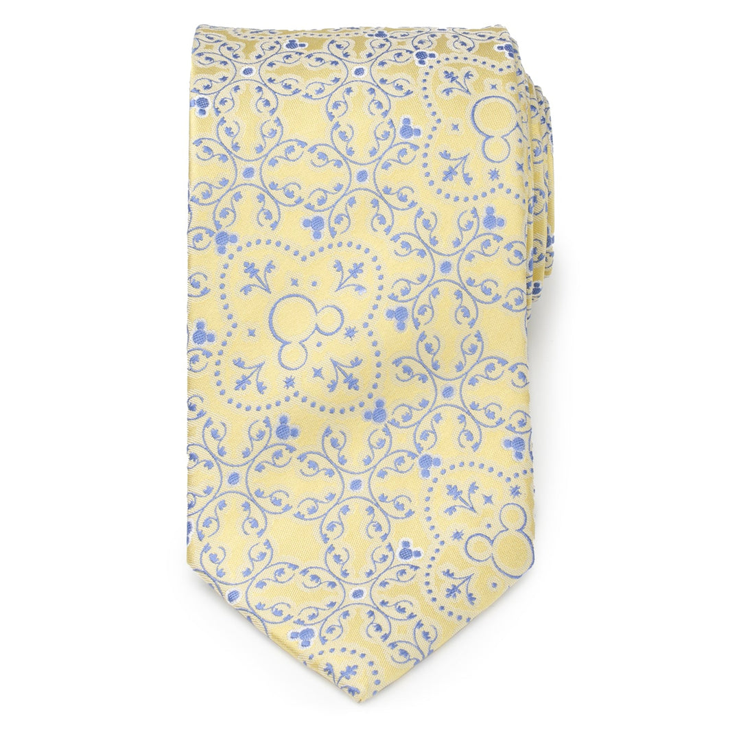 Disney Mickey Mouse Yellow Multi Men’s Tie in yellow with a repeating blue scrollwork pattern featuring hidden silhouettes.