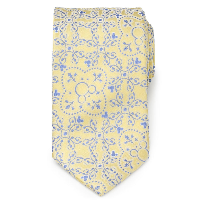 Disney Mickey Mouse Yellow Multi Men’s Tie in yellow with a repeating blue scrollwork pattern featuring hidden silhouettes.
