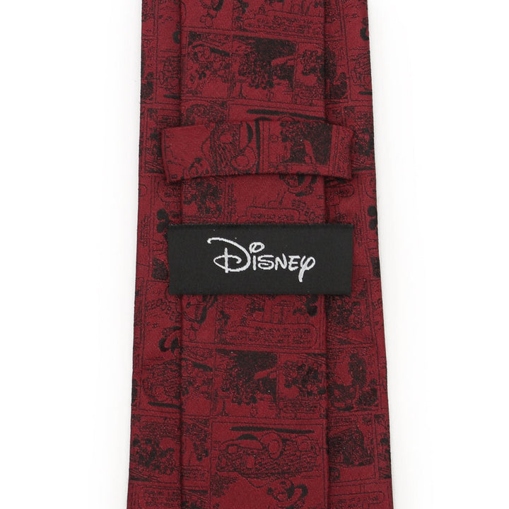 Disney Mickey Mouse Comic Red Men’s Tie in red silk with a black comic strip print and a rectangular black label with the Disney logo stitched on the back.