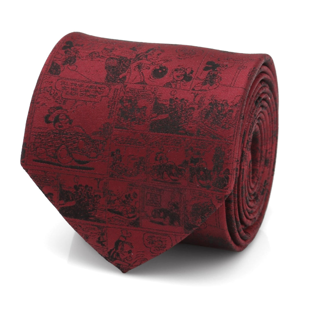 Disney Mickey Mouse Comic Red Men’s Tie, a red silk necktie featuring a repeating black-and-white Mickey Mouse comic strip pattern.