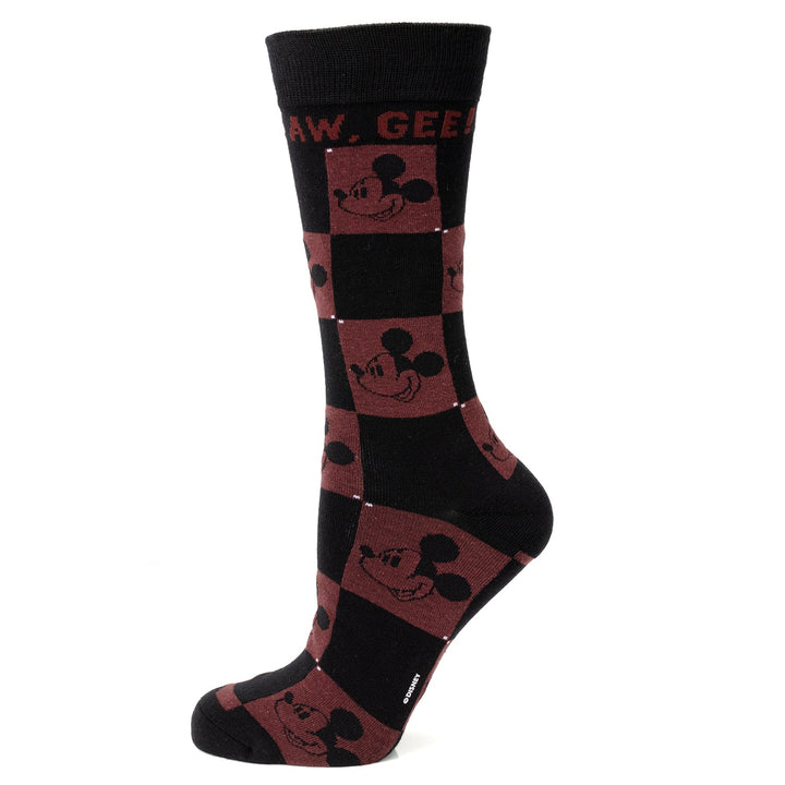 Disney Mickey Mouse Red Check Sock and Mickey Blue Lapel Pin Gift Set featuring a black and red checkered sock with Mickey Mouse faces and “AW, GEE!” text near the cuff.