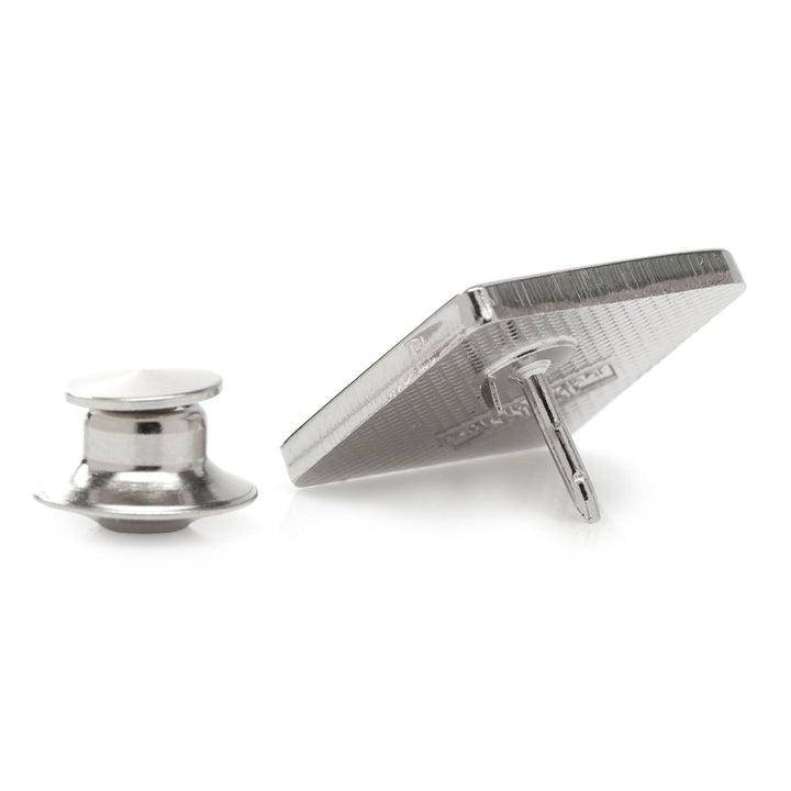 A silver Mickey Mouse square lapel pin from the Disney Mickey Mouse Red Check Sock and Mickey Blue Lapel Pin Gift Set by Cufflinks.com, shown with a post and a separate metal clutch back.