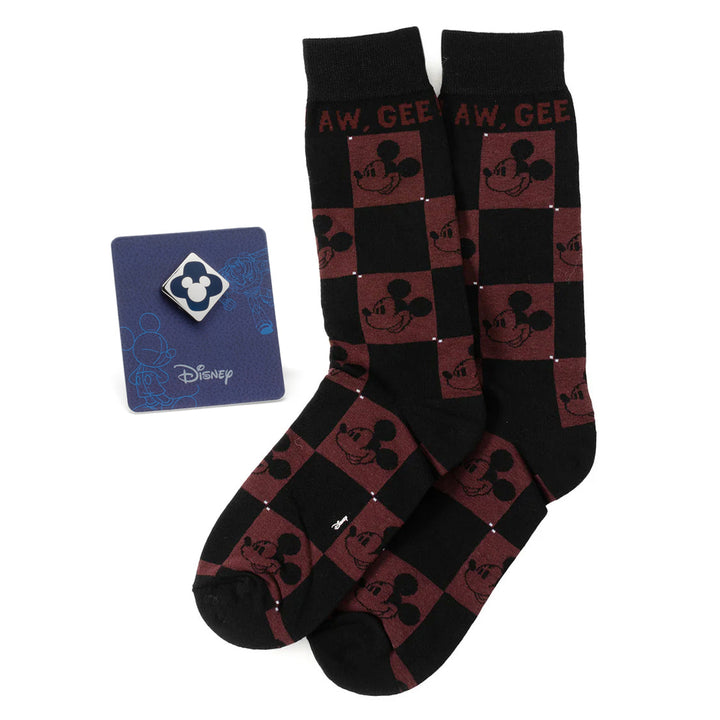 Disney Mickey Mouse Red Check Sock and Mickey Blue Lapel Pin Gift Set featuring red checked socks with Mickey Mouse faces and “AW, GEE,” accompanied by a blue Mickey Mouse lapel pin on a display card.