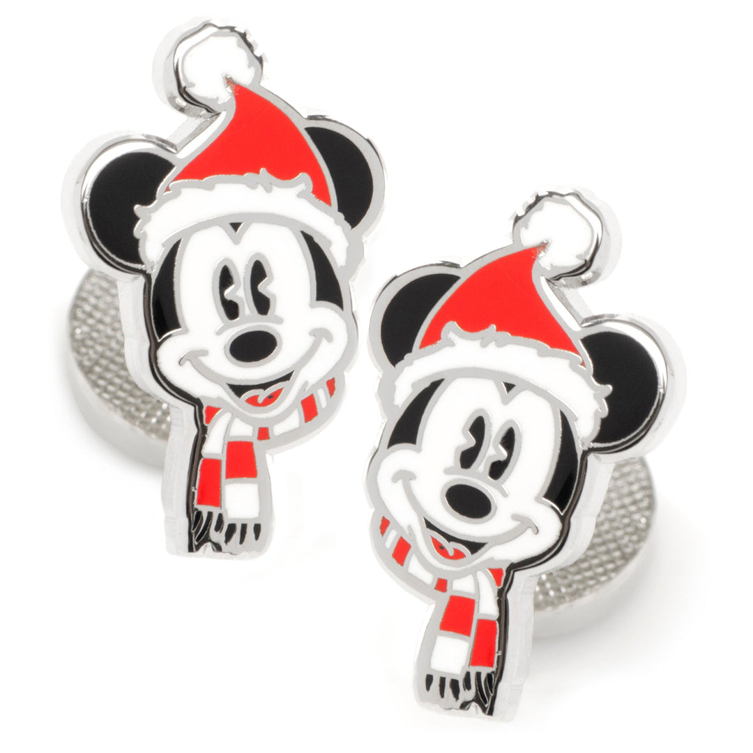Disney Mickey Mouse Holiday Hat Cufflinks in silver-tone, featuring Mickey wearing a red Santa hat and a red and white striped scarf.