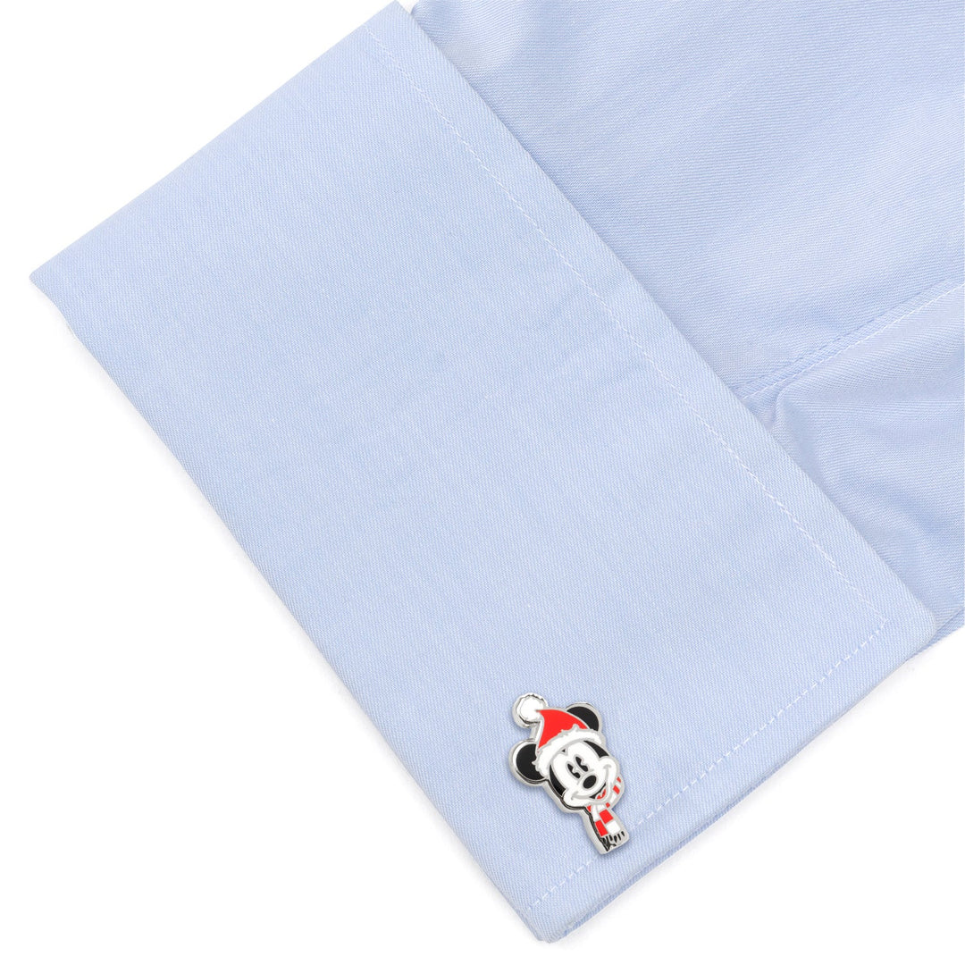 Disney Mickey Mouse Holiday Hat Cufflinks featuring a silver Mickey Mouse wearing a Santa hat and a red and white scarf, attached to a light blue dress shirt cuff.