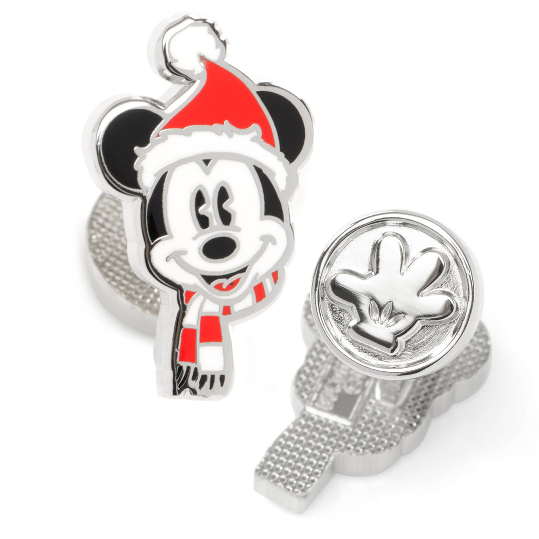 Disney Mickey Mouse Holiday Hat Cufflinks featuring one silver-toned Mickey Mouse wearing a Santa hat and scarf, and one shaped like his gloved hand.