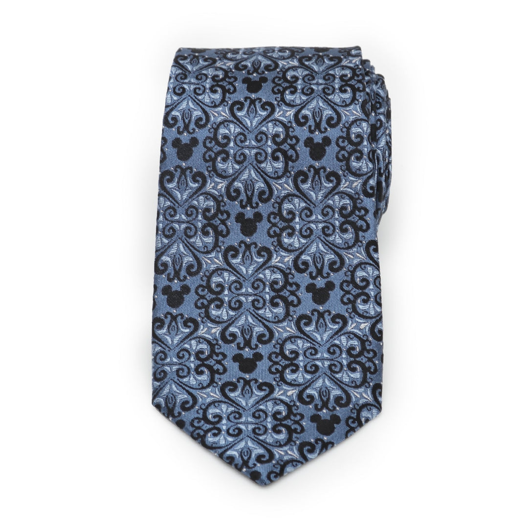 Disney Mickey Mouse Damask Tile Blue Men’s Tie in blue silk with a black damask pattern featuring small silhouettes.