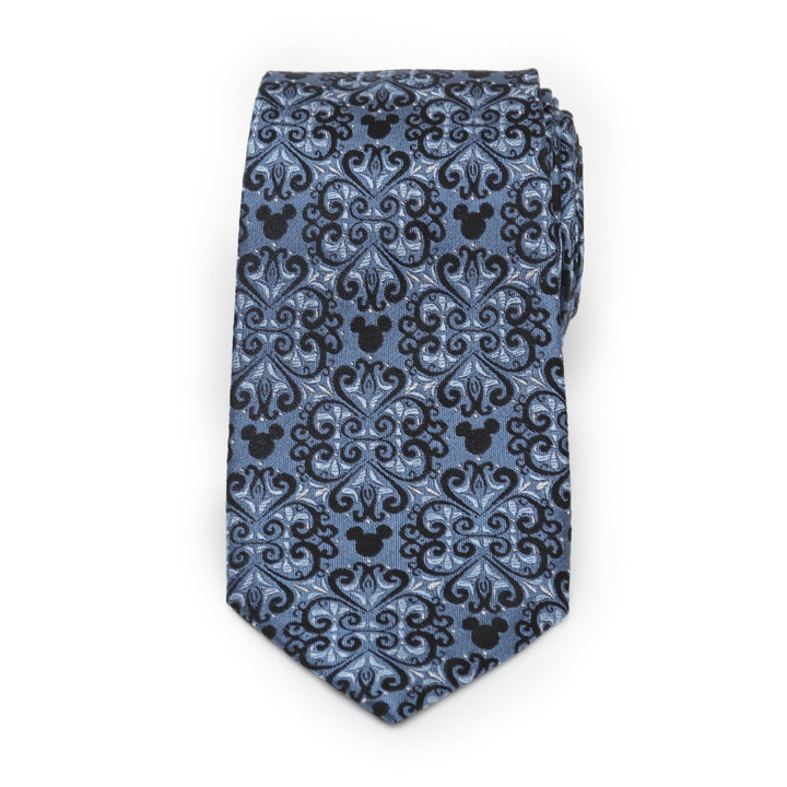 Disney Mickey Mouse Damask Tile Blue Men’s Tie in blue silk with a black damask pattern featuring small silhouettes.