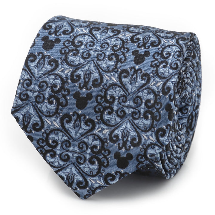 Disney Mickey Mouse Damask Tile Blue Men’s Tie in blue silk featuring a repeating black damask pattern with integrated Mickey Mouse silhouettes.
