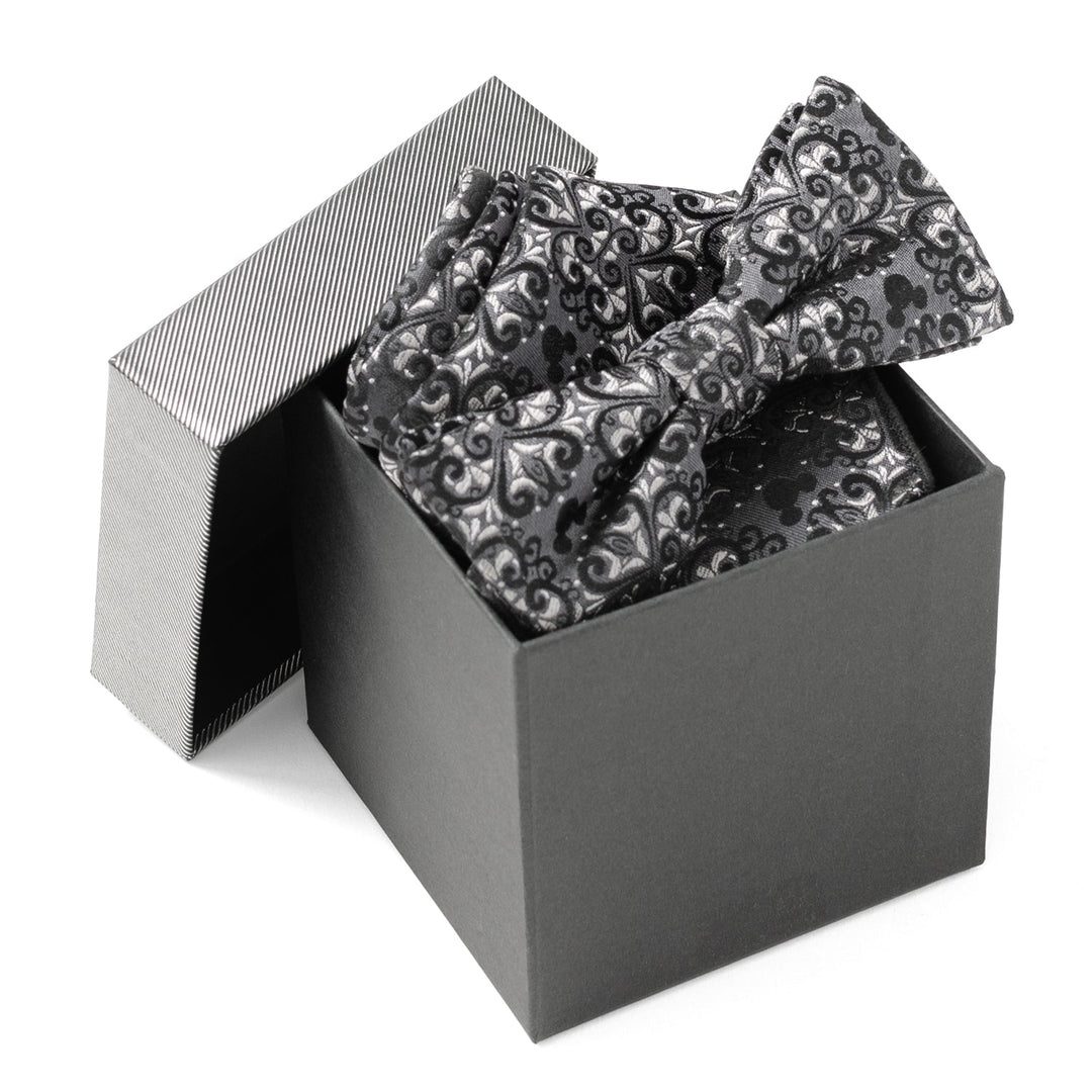 A grey and black Disney Mickey Mouse Damask Pocket Square and Bow Tie Gift Set, featuring a bow tie and matching pocket square in an open silk gift box.
