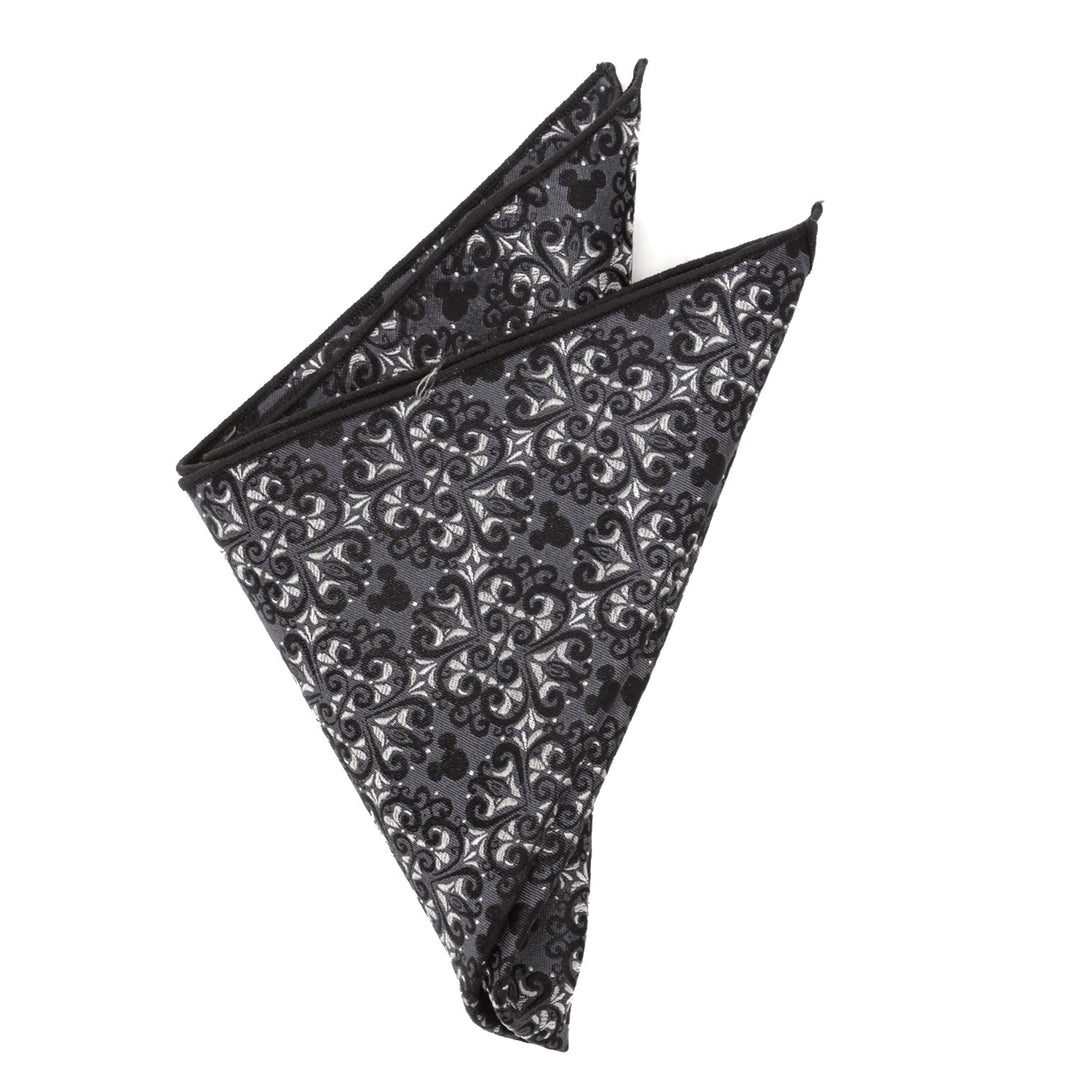 Disney Mickey Mouse Damask Pocket Square and Bow Tie Gift Set featuring a folded black and silver pocket square with a repeating damask pattern and hidden Mickey Mouse silhouettes.