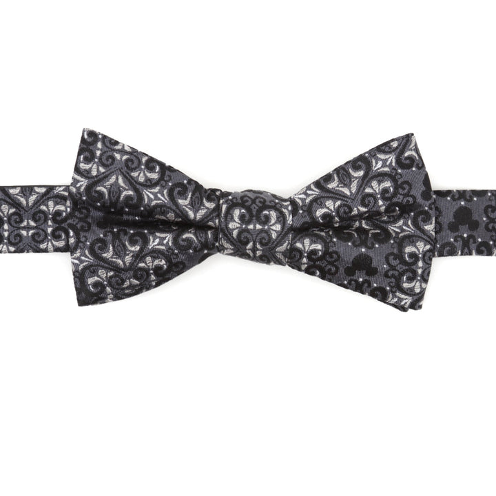 Black and grey Mickey Mouse Damask Pocket Square and Bow Tie Gift Set featuring a damask-style bow tie with hidden silhouettes.