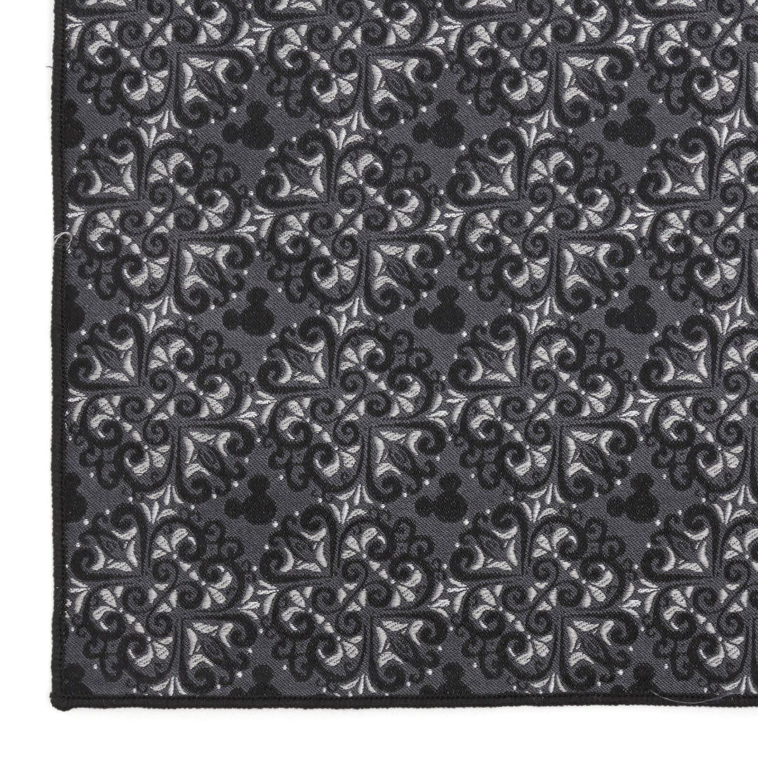 Grey and black damask fabric with integrated Mickey Mouse silhouettes, featured in the Disney Mickey Mouse Damask Pocket Square and Bow Tie Gift Set.