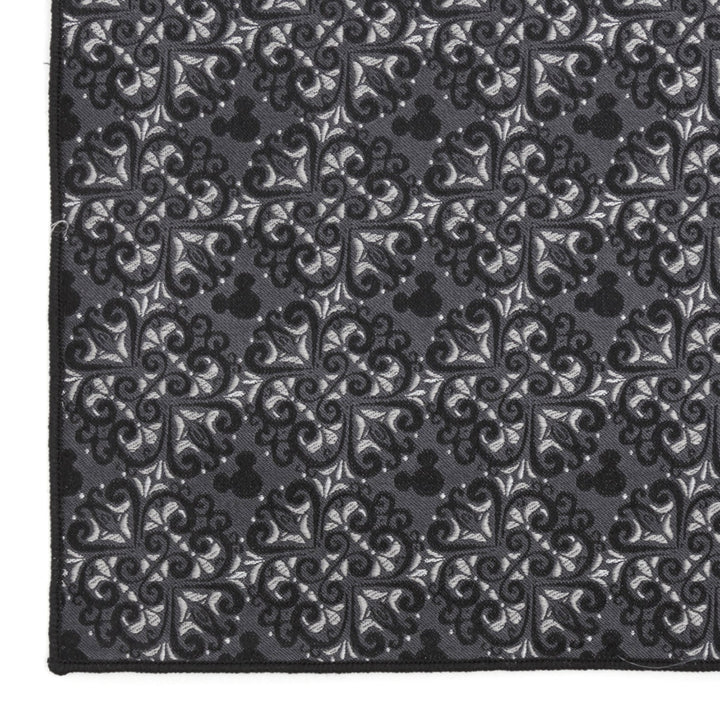 Grey and black damask fabric with integrated Mickey Mouse silhouettes, featured in the Disney Mickey Mouse Damask Pocket Square and Bow Tie Gift Set.