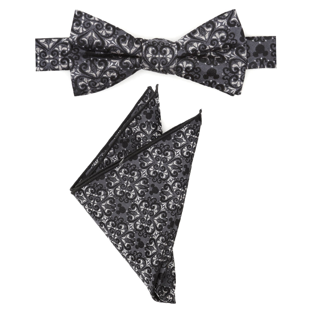 Disney Mickey Mouse Damask Pocket Square and Bow Tie Gift Set featuring a black and silver bow tie and a folded pocket square in a damask pattern.