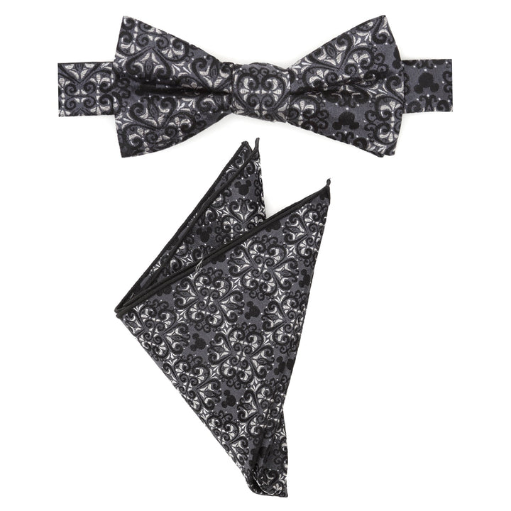 Disney Mickey Mouse Damask Pocket Square and Bow Tie Gift Set featuring a black and silver bow tie and a folded pocket square in a damask pattern.