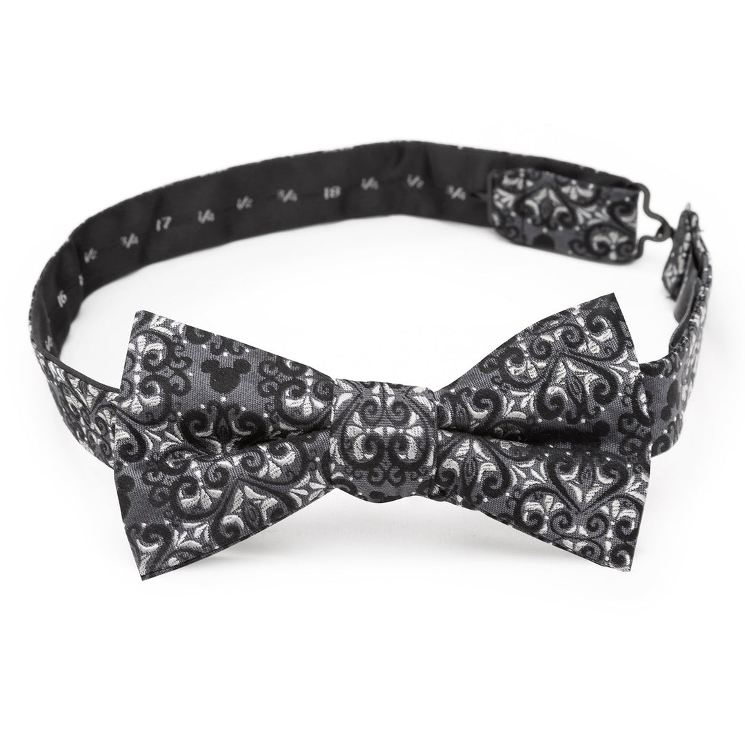 Disney Mickey Mouse Damask Tile Bow Tie in black and grey featuring a damask pattern with subtle silhouettes.