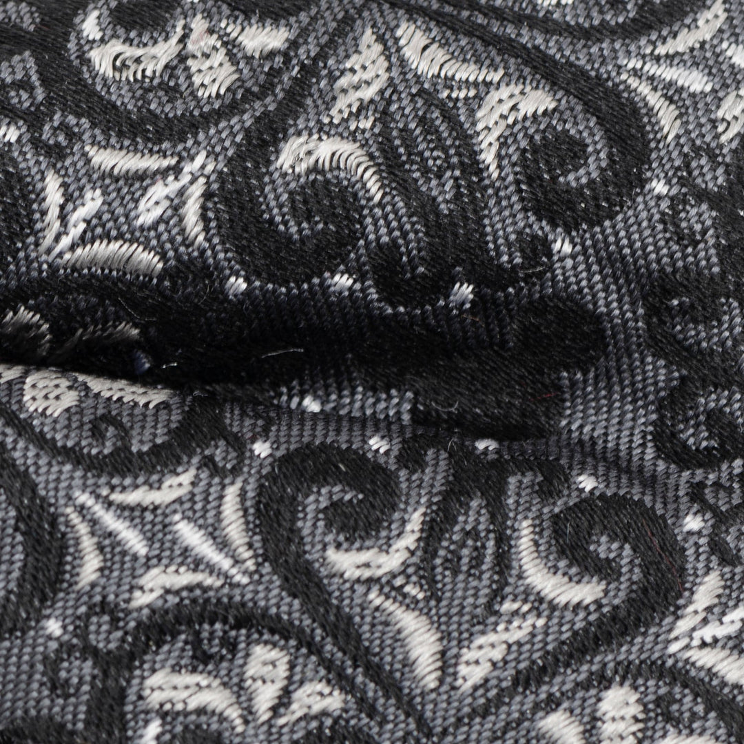 Close-up of a black and grey Disney Mickey Mouse Damask Tile Bow Tie featuring subtle Mickey Mouse silhouettes woven into the damask pattern.