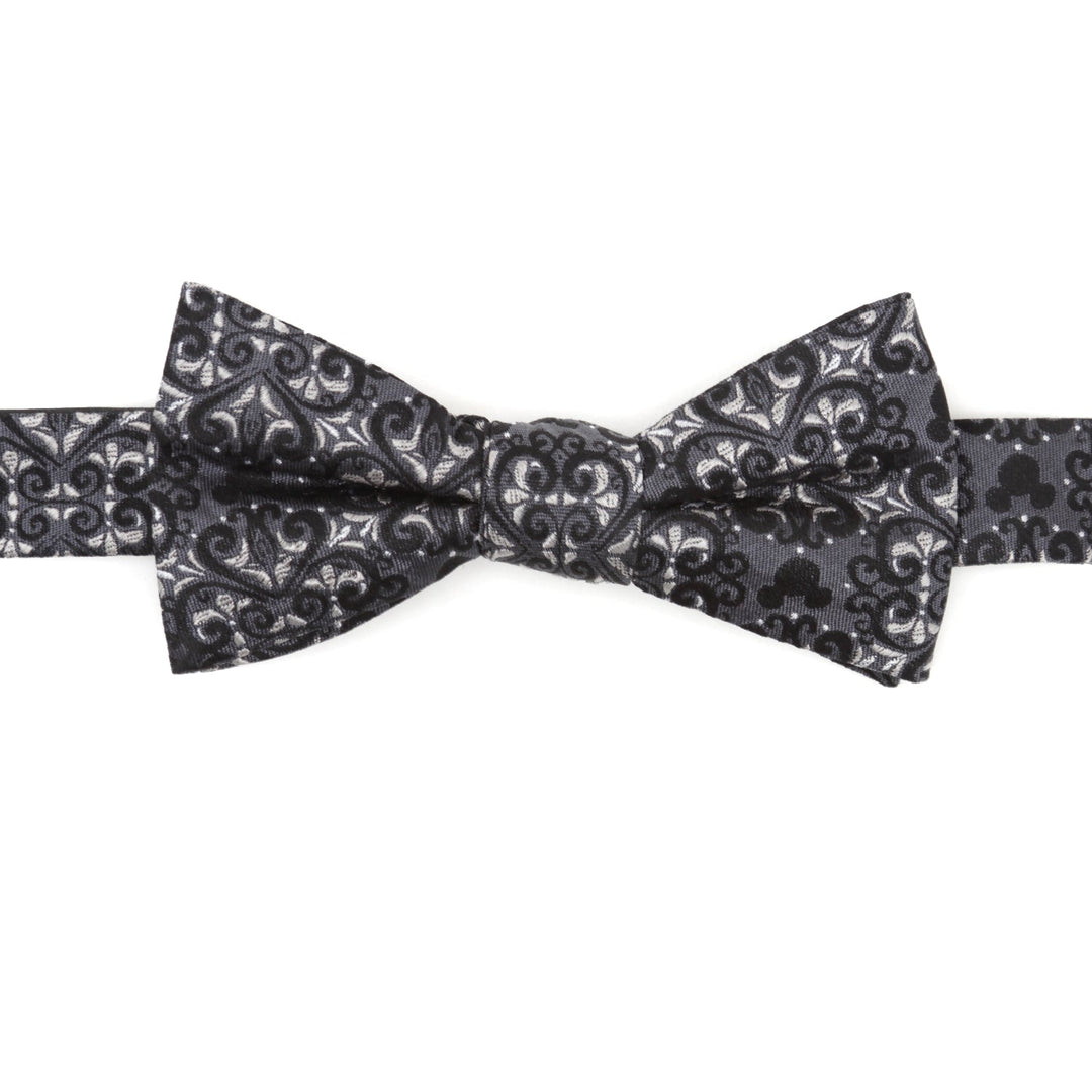 Disney Mickey Mouse Damask Tile Bow Tie in black and gray featuring a damask pattern with hidden silhouettes.