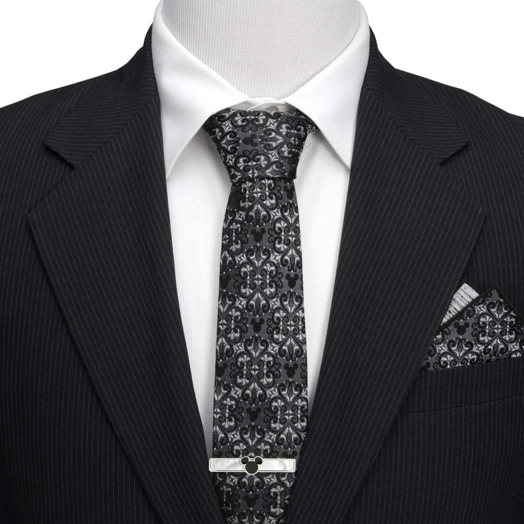 Disney Mickey Mouse Damask Tile Men’s Tie in black silk with a grey damask pattern featuring Mickey Mouse silhouettes, including a matching pocket square and a Mickey Mouse head tie bar.