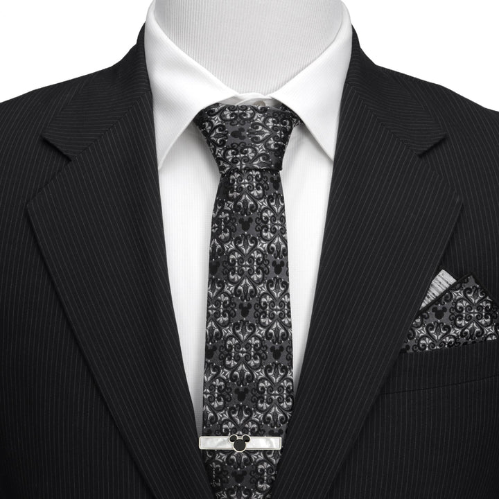 Disney Mickey Mouse Damask Tile Men’s Tie in black silk with a grey damask pattern featuring Mickey Mouse silhouettes, including a matching pocket square and a Mickey Mouse head tie bar.