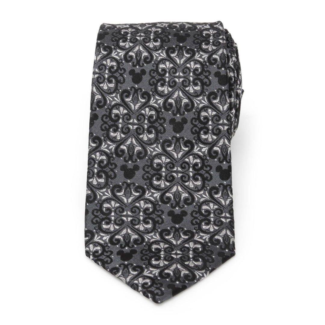 Disney Mickey Mouse Damask Tile Men’s Tie in black and grey silk featuring a damask pattern with integrated character silhouettes.