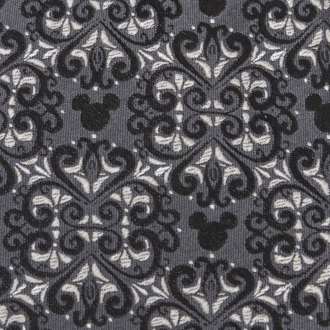 Disney Mickey Mouse Damask Tile Men’s Tie in gray, black, and white fabric with a damask pattern featuring integrated Mickey Mouse silhouettes.