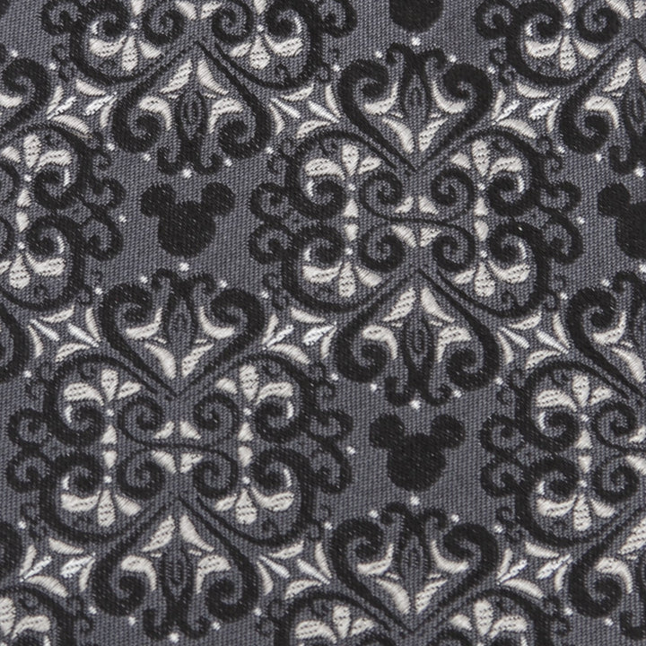 Disney Mickey Mouse Damask Tile Men’s Tie in gray, black, and white fabric with a damask pattern featuring integrated Mickey Mouse silhouettes.