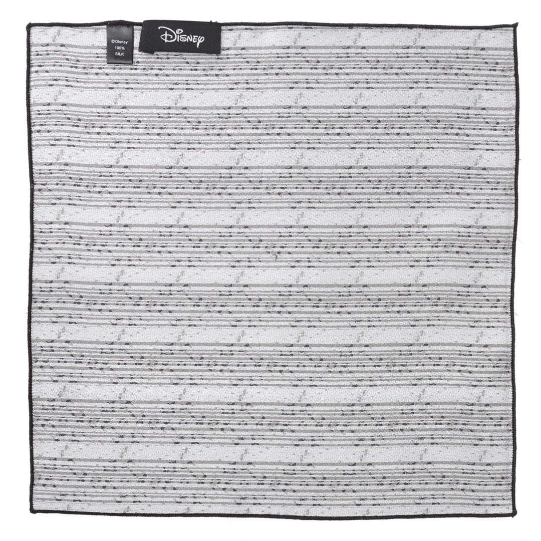 Disney Mickey Mouse Damask Tile Pocket Square in grey and white silk, featuring a horizontal stripe pattern with small repeating Mickey Mouse silhouettes and a black border.