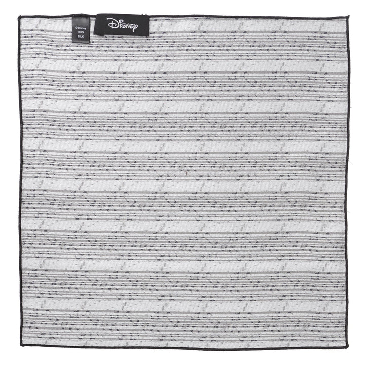 Disney Mickey Mouse Damask Tile Pocket Square in grey and white silk, featuring a horizontal stripe pattern with small repeating Mickey Mouse silhouettes and a black border.