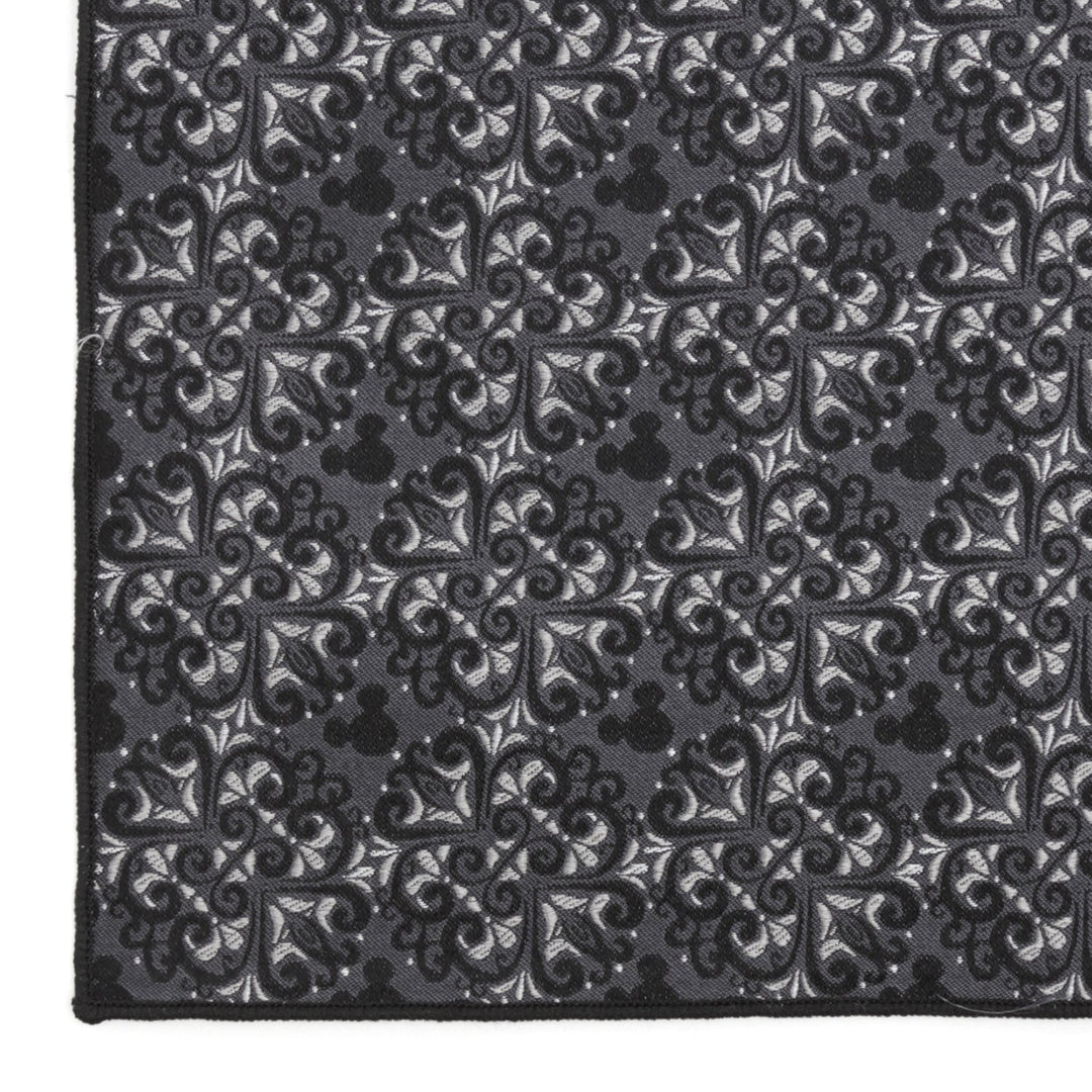 Disney Mickey Mouse Damask Tile Pocket Square in dark grey silk with a repeating damask pattern featuring integrated Mickey Mouse silhouettes.
