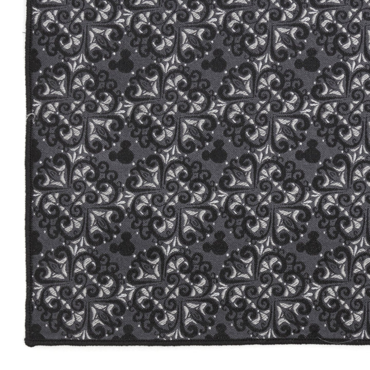 Disney Mickey Mouse Damask Tile Pocket Square in dark grey silk with a repeating damask pattern featuring integrated Mickey Mouse silhouettes.