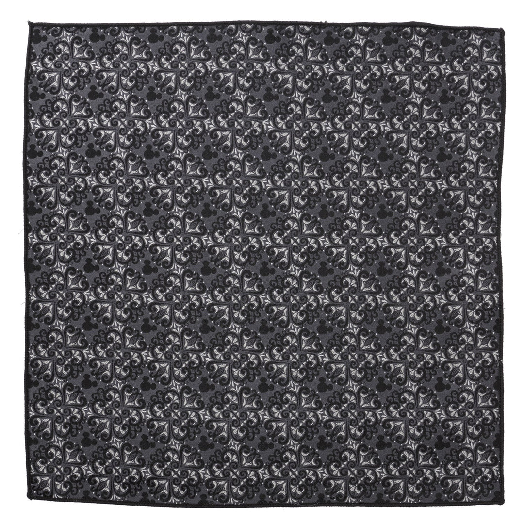A square silk Disney Mickey Mouse Damask Tile Pocket Square featuring a dark grey and black damask pattern with hidden Mickey Mouse icons.