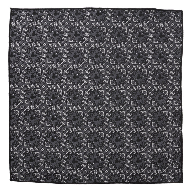 A square silk Disney Mickey Mouse Damask Tile Pocket Square featuring a dark grey and black damask pattern with hidden Mickey Mouse icons.