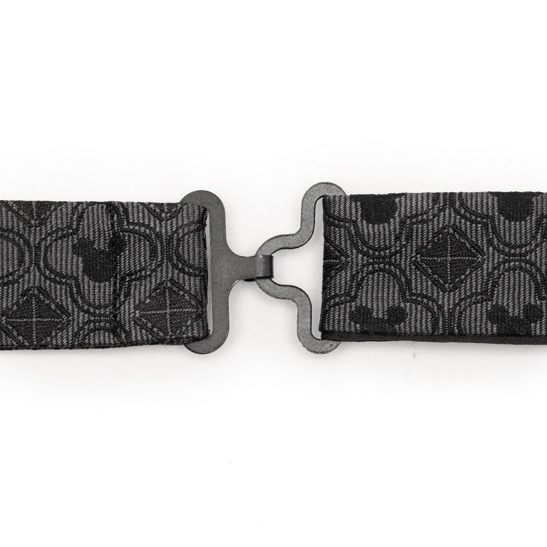 Disney Mickey Mouse Pattern Black Bow Tie featuring a repeating gray silhouette and diamond pattern, connected by a metal hook clasp.
