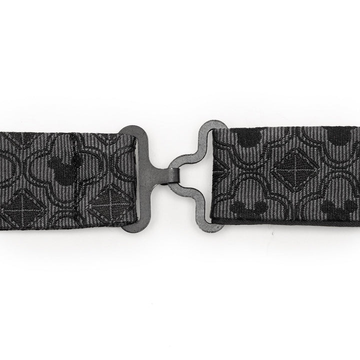 Disney Mickey Mouse Pattern Black Bow Tie featuring a repeating gray silhouette and diamond pattern, connected by a metal hook clasp.