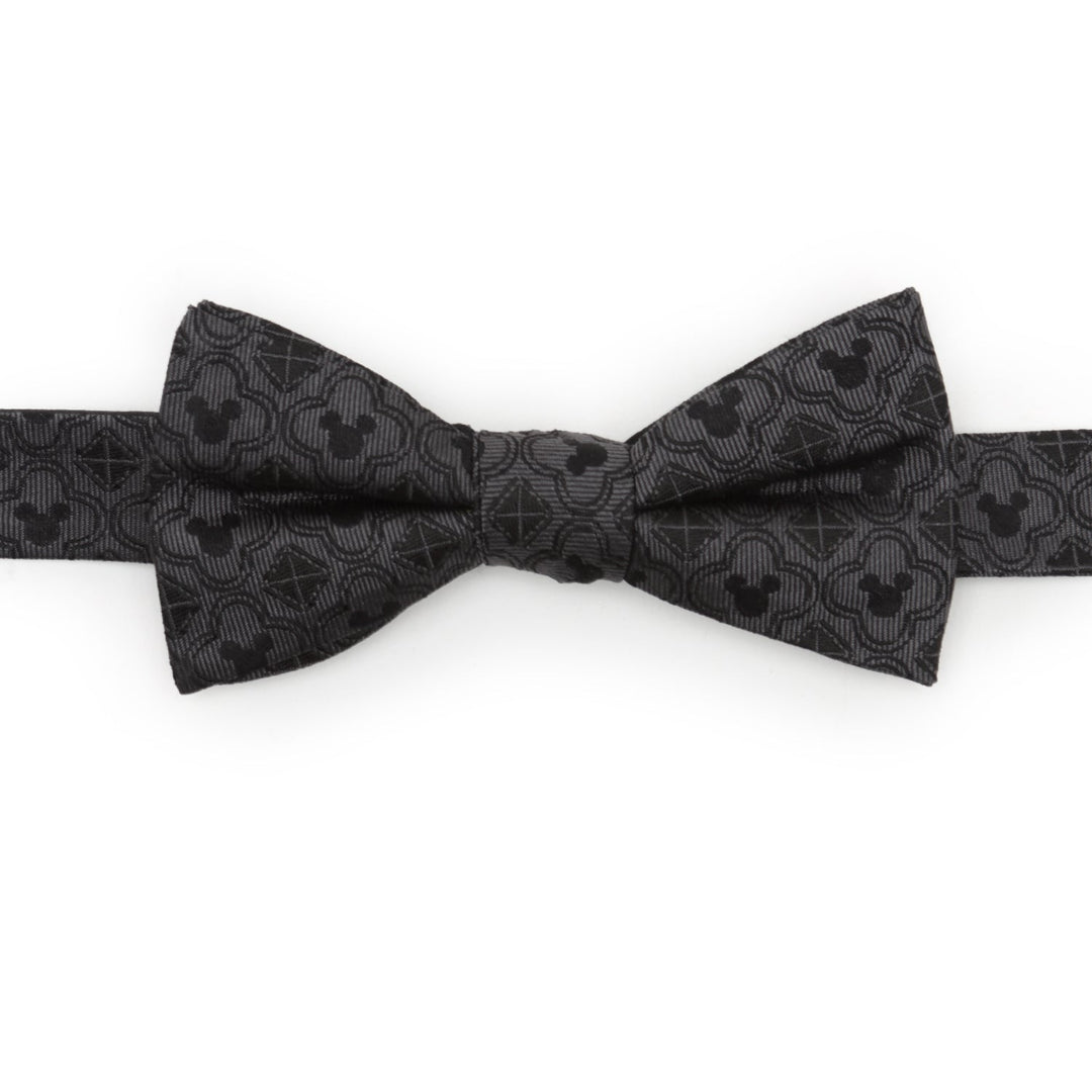 Disney Mickey Mouse Pattern Black Bow Tie in black silk with a repeating gray geometric pattern featuring Mickey Mouse silhouettes.