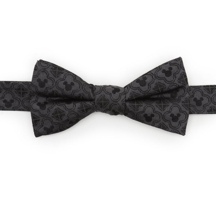 Disney Mickey Mouse Pattern Black Bow Tie in black silk with a repeating gray geometric pattern featuring Mickey Mouse silhouettes.
